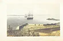 HMS Nile, anchored at Grassy Bay, as seen from the Commissioner's House