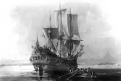 Image of Roebuck at anchor, with a ship's boat rowing toward shore