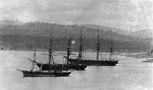 HM ships Grappler, Shearwater and Malacca (far right) on the Pacific Station, British Columbia