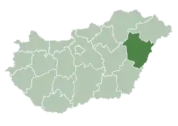 Map of Hungary highlighting Hajdú-Bihar County