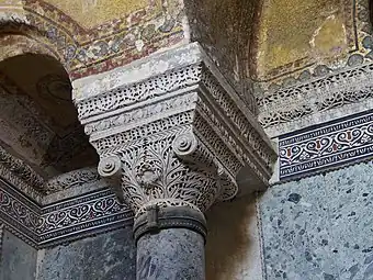 Byzantine Ionic capital in the Hagia Sophia, Istanbul, Turkey, by Anthemius of Tralles or Isidore of Miletus, 6th century