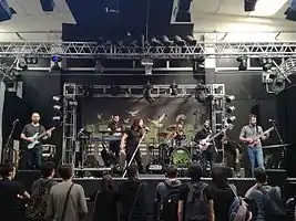 Haken performing in 2017.  Left to right: Charles Griffiths, Diego Tejeida, Ross Jennings, Ray Hearne, Conner Green, and Richard Henshall.