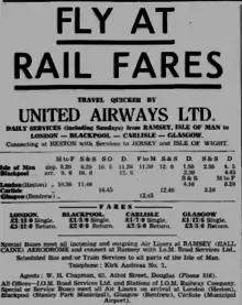 A photograph of United Airways Timetable to and from Hall Caine Airport, summer 1935