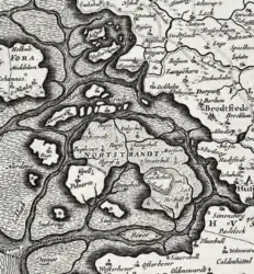 The Halligen area around 1650 on a map by Johannes Mejer