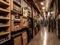 Main hallway at The Blasting Room featuring amplifier storage and band posters.