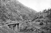 The Nădrab halt and the viaduct for the line leading to the tipplers for the blast furnace in Govăjdia (1905)