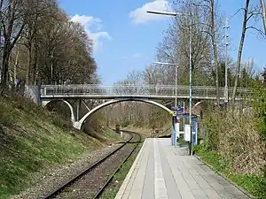 Platform next to railway line beneath a bridge