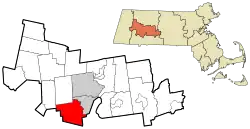 Location of Southampton in Hampshire County, Massachusetts (left) and of Hampshire County in Massachusetts (right)