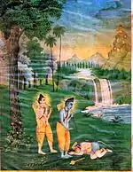 Hanuman meets Rama in the forest.
