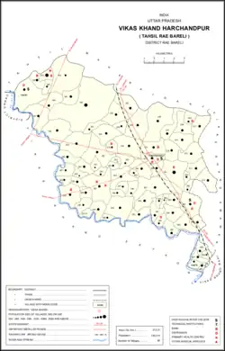 Map showing Kathwara (#221) in Harchandpur CD block