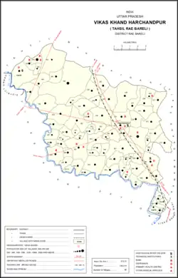 Map showing Kanhat (#205) in Harchandpur CD block