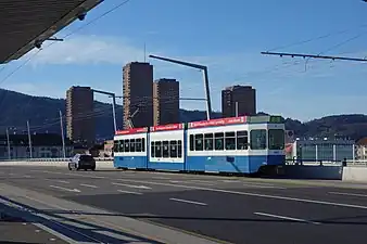 VBZ Tram route 8 passes passes over Hardbrücke and stops above the railway station