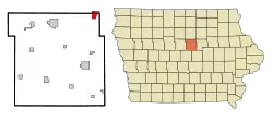 Location of Ackley in Hardin County (left) and Hardin County in Iowa (right)