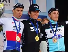 Zdeněk Štybar (2nd), Geraint Thomas (1st) and Matteo Trentin (3rd).