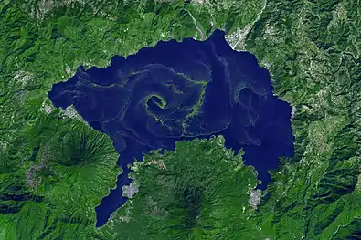A harmful bloom of cyanobacteria (blue-green algae) spread across the lake (false color image)