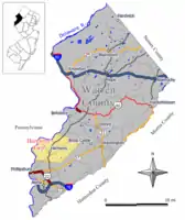 Location of Harmony Township in Warren County highlighted in yellow (right). Inset map: Location of Warren County in New Jersey highlighted in black (left).