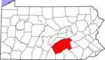 The Harrisburg–Carlisle MSA in Pennsylvania is highlighted in red