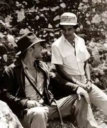 Harrison Ford and Chandran Rutnam on the set of Indiana Jones and the Temple of Doom which was shot in Hantana, Sri Lanka in 1983