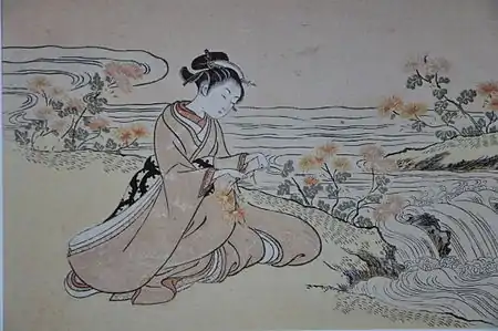 Based on the Chinese legend of Ju Citong (Kikujidô), a young man (shown in the guise of a girl) is forced into exile, having learned the secret of eternal life.