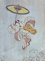 Japanese girl jumps from Kiyomizu-dera, Suzuki Harunobu, 1750.