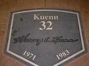A dark granite plaque inscribed with white text reading, "Kuenn, 32, 1971, 1983" along with the facsimile signature of Harvey Kuenn