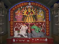 An unusual artistic depiction of goddess Durga at Hatibagan Nabin Palli Sarbojanin