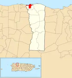 Location of Hatillo barrio-pueblo within the municipality of Hatillo shown in red