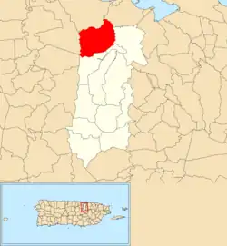 Location of Hato Tejas within the municipality of Bayamón shown in red