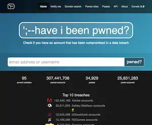 The homepage of haveibeenpwned.com. The website features white text on blue and black backgrounds. Prominently centered is the site's logo in white. Below the logo is a search box labeled "email address or username" with a button beside it labeled "pwned?". Below the search box is a series of statistics about the size of the website's database. Below that is a list of the top ten largest breaches.