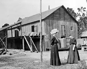 Two women standing in front of a wooden building