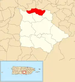 Location of Hayales within the municipality of Coamo shown in red