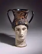 Iliupersis Painter (South Italy, active 375-350 B.C.), Head-Kantharos of a Female Faun or Io (?), red-figure pottery