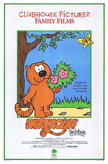 Heathcliff, an orange cat is holding onto flowers. In the sky, a butterfly is seen. This is all in a box with the Clubhouse Pictures logo on the top, and the credits and film logo on the bottom.