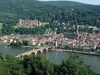 Heidelberg, with Heidelberg Castle on the hill and the Old Bridge over the river Neckar
