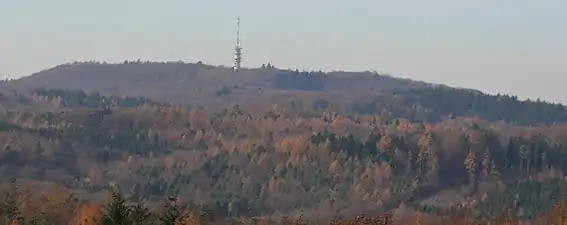 View from Untergruppenbach-Vorhof in the east-southeast looking towards the Schweinsberg and Heilbronn TV Tower
