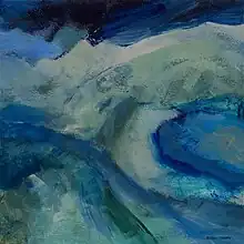 An abstract painting of several bands of blue