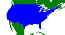 The contiguous United States are shaded in blue on this map of northern North America