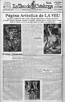 Paintings by Henri Le Fauconnier, 1910–11, L'Abondance, Haags Gemeentemuseum; Jean Metzinger, 1911, Le goûter (Tea Time), Philadelphia Museum of Art; Robert Delaunay, 1910–11, La Tour Eiffel. Published in La Veu de Catalunya, 1 February 1912