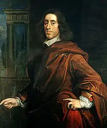 Half-length portrait of Vane with long hair and robes.