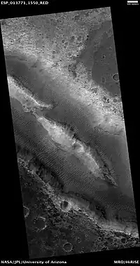 Her Desher Vallis, as seen by HiRISE.  Her Desher Vallis is found in the Coprates quadrangle.