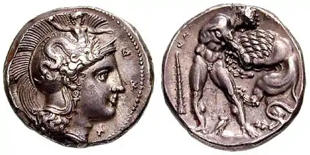 Silver coin from Heraclea (390-340 BC). Obv. Head of Athena with inscription ΗΡΑΚΛΗΙΩΝ, i.e. "of Heracleans". Rev. Herakles wrestling with the Nemean lion.