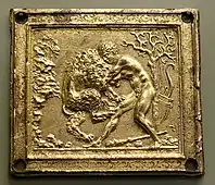 Hercules and the Nemean Lion, Galeazzo Mondella [it] (Moderno), c. 1500, gilt bronze plaquette