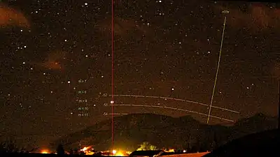 HAO view of the southern horizon − mountains are at 4.0 deg elevation on the meridian (vertical red line) − star Canopus (declination -52.7 deg) is transiting.