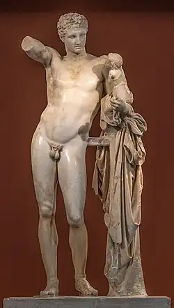 Hermes and the Infant Dionysus; by Praxiteles; 330-320 BC; marble; height: 2.15 m; Archaeological Museum of Olympia (Olympia, Greece)