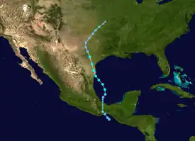 Track of Tropical Depression Eleven-E, later Tropical Storm Hermine, stretching from the Gulf of Tehuantepec northward to the Midwestern United States