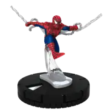 Spider-Man swinging through the air, attached to a black base.