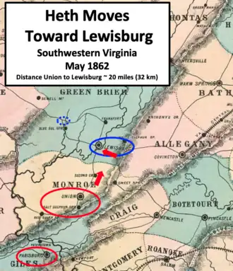 map showing Confederate force movement north to Lewisburg