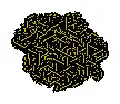 Three-color three-state turmite on a hexagonal grid, growing chaotically with a distinctive texture before getting stuck in a periodic loop after approximately 194150 steps.