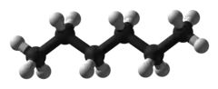 The 3d ball representation of hexane, with carbon (black) and hydrogen (white) shown explicitly.