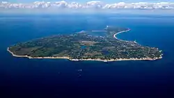 Block Island looking north over Block Island Sound; the coast of Rhode Island is seen in the distance